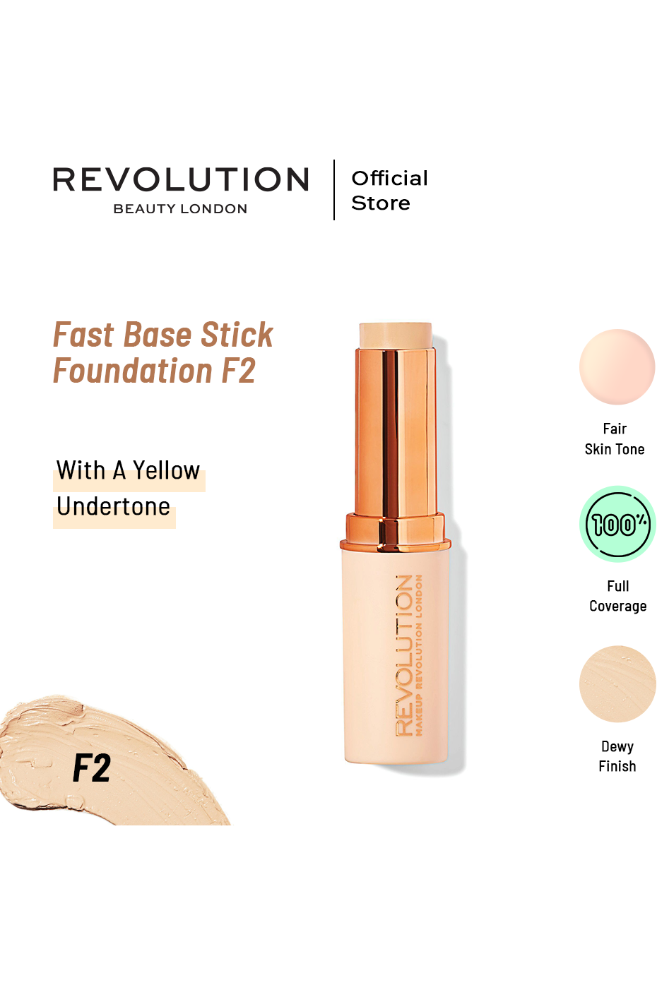 Buy Makeup Revolution Fast Base Stick Foundation F2 online at Glamivo. 100% Authentic Product Guarantee. Fast & Free Shipping all over the Pakistan. Cash on Delivery Available.